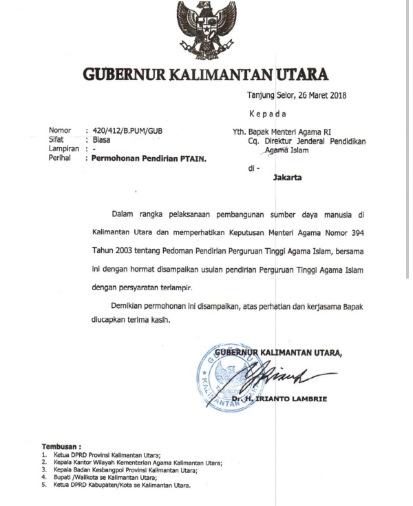 Rekomendasi Gubernur Provinsi Kalimantan Utara.